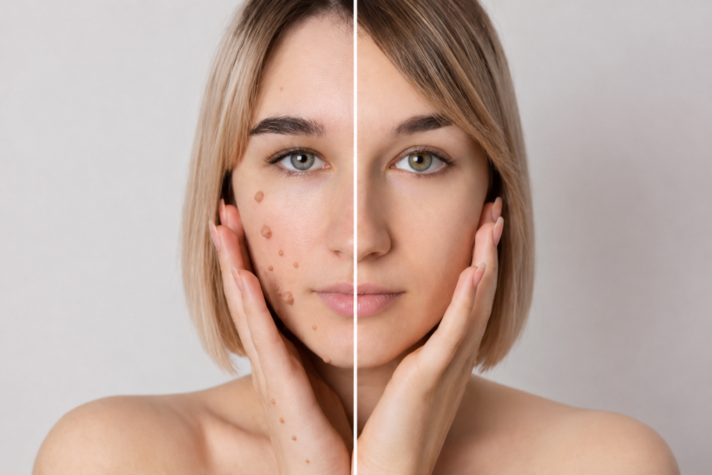Папіломи на обличчі до та після видалення у SkinCare Clinic в Києві